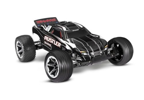 TRAXXAS RUSTLER FEKETE 1/10 2WD STADIUM TRUCK RTR, KEFÉS MOTORRAL, AKKUMULÁTORRAL ÉS 4 AMP-ES USB-C TÖLTŐVEL