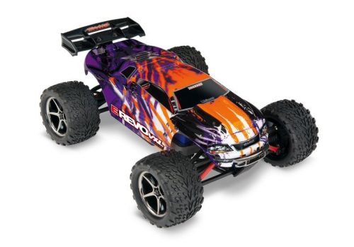 ÚJ TRAXXAS E-REVO 4X4 VXL NARANCS-LILA 1/16 RACING TRUCK RTR KEFE NÉLKÜLI MOTOR, AKKUMULÁTORRAL ÉS USB-C TÖLTŐVEL